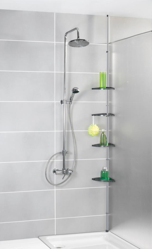 WENKO 4 HJØRNEHYLDER PÅ ALUSTANG - SØLV