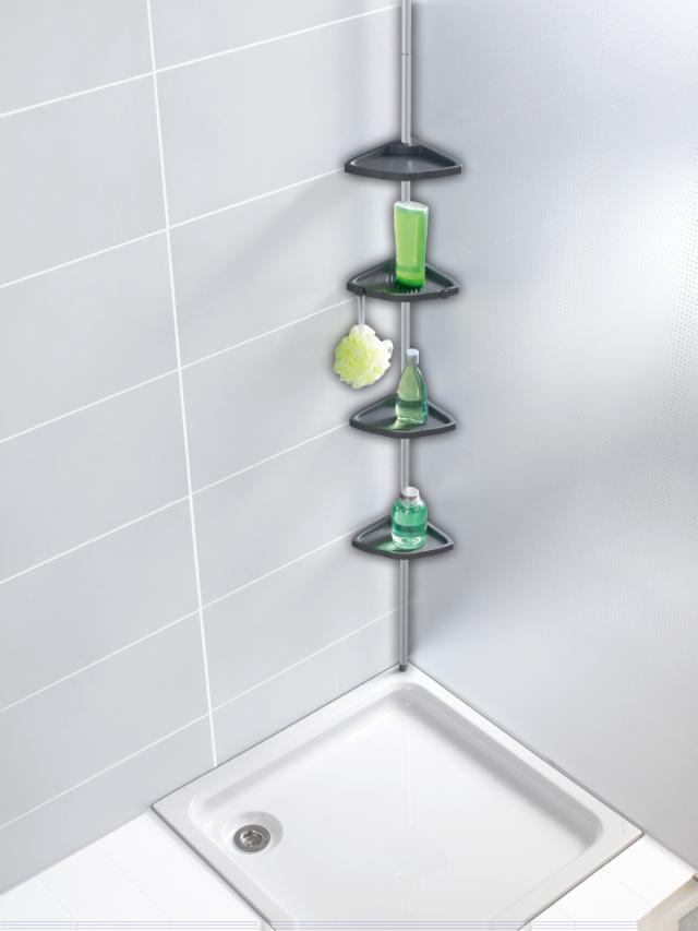 WENKO 4 HJØRNEHYLDER PÅ ALUSTANG - SØLV