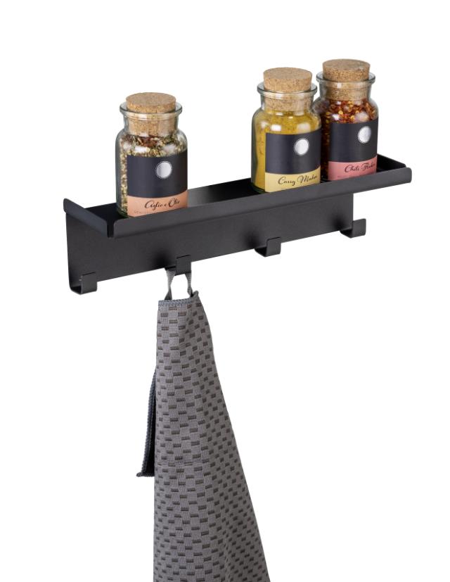 *WENKO OUTDOOR - MAGNETISK KNAGERÆKKE M/4 KNAGER+HYLDE, SORT*